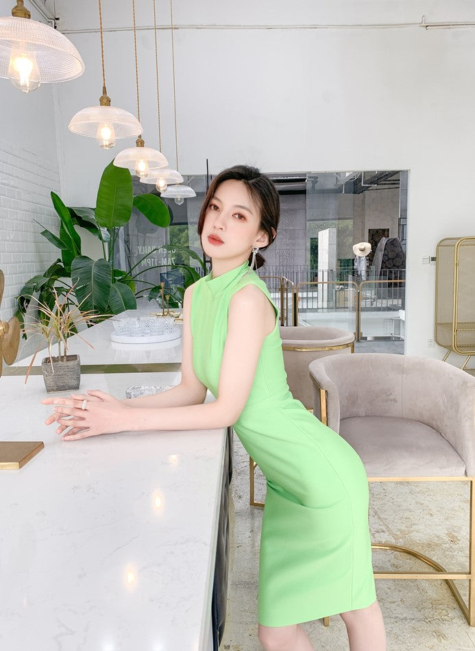 DOLLY High End Stand Collar Sleeveless Slim Fit Bandage Midi Dress-KYA