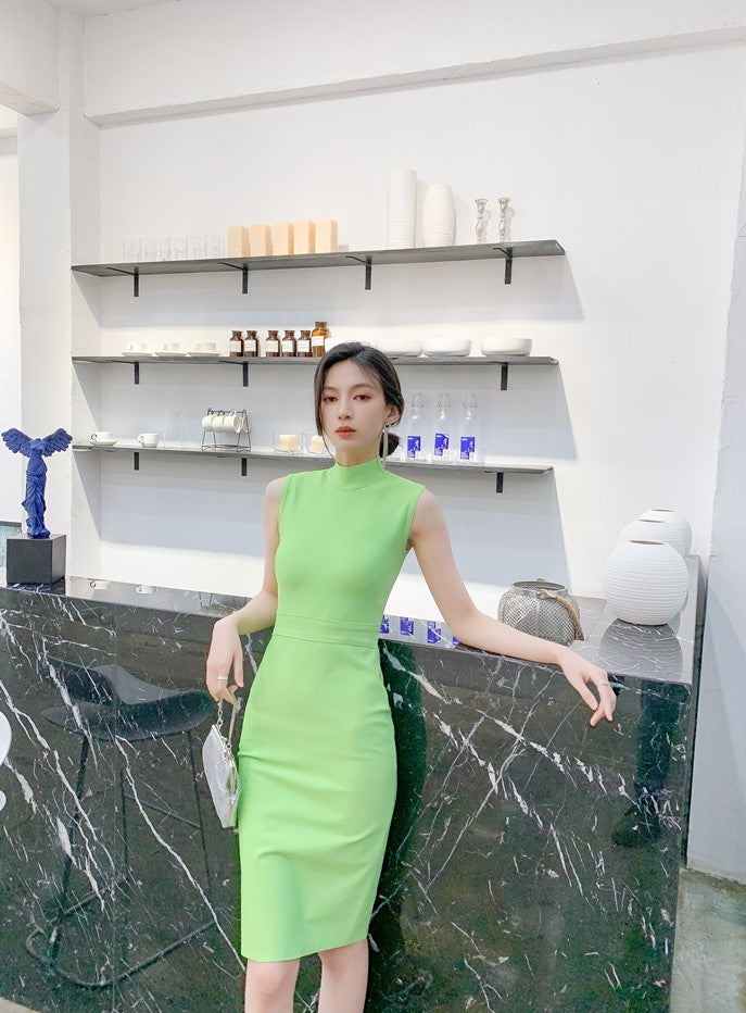 DOLLY High End Stand Collar Sleeveless Slim Fit Bandage Midi Dress-KYA