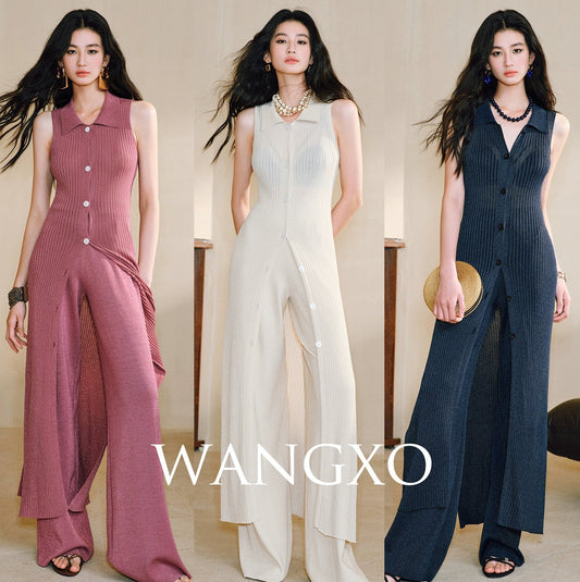 WANGXO Solaris Luxe Set Shaved Shoulder Cardigan & Wide-Leg Knit Pants - MAVIS