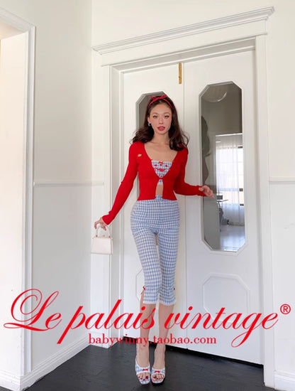 Le Palais Vintage French  Blue  Shorts Red Slim Cardigan- ELFS.