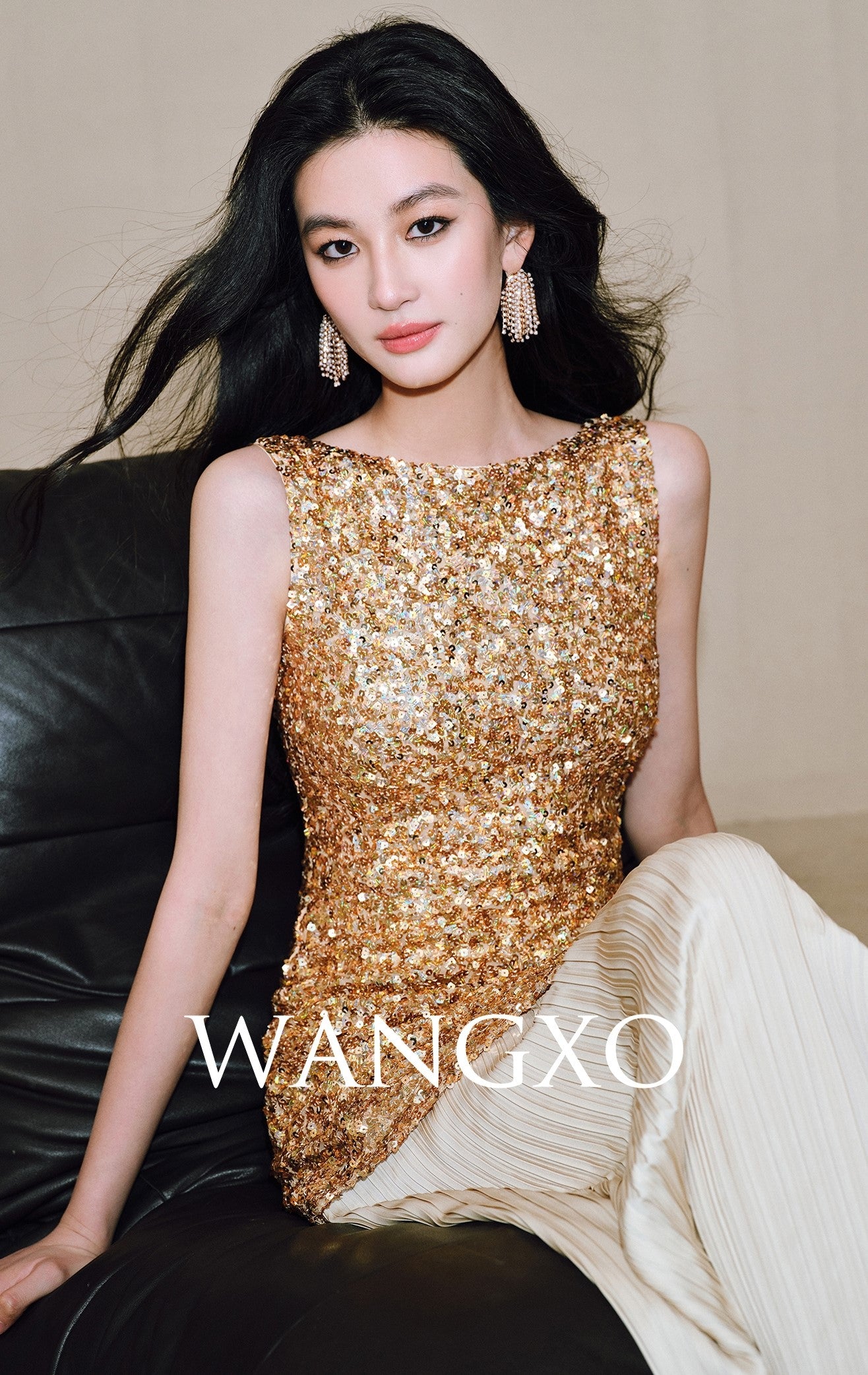WANGXO | Gilded sequin-stitch silk pleated shimmer Dress - BYRON.