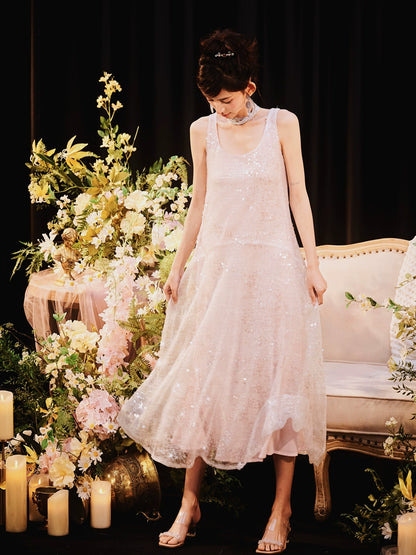 DOLLY Luxury U-Neck Sleeveless Fake Two Piece Midi Swing Dress-KASSIA