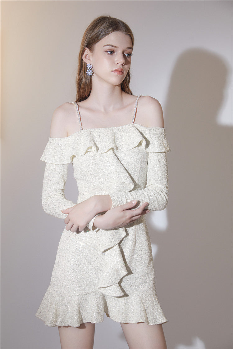 Wardrobes by Chen Elegant Beige Golden Strap Long Sleeve Ruffle Party Dress-TRUDY