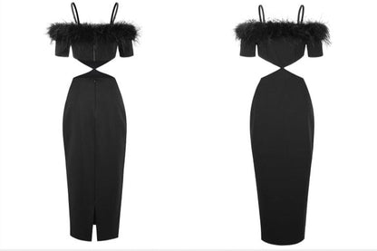 DOLLY Luxury Black Feather Tube Top Waist Baring Slim Fit Long Cocktail Dress-JAJA