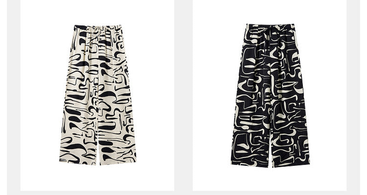 Sushe Neo-Bohemian Tencel linen print drawstring tie wide-leg slacks -JULIET
