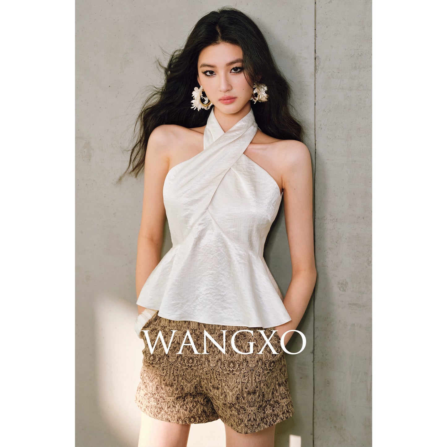 WANGXO Hand-Pinched Pleats Cross Halterneck Umbrella Swing Top with Sculpted Elegance -NYRA