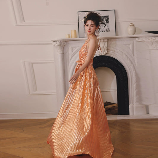 DOLLY Elegant Koi V-Neck Sleeveless Halter Backless Long Dinner Dress-NORAH  (V)