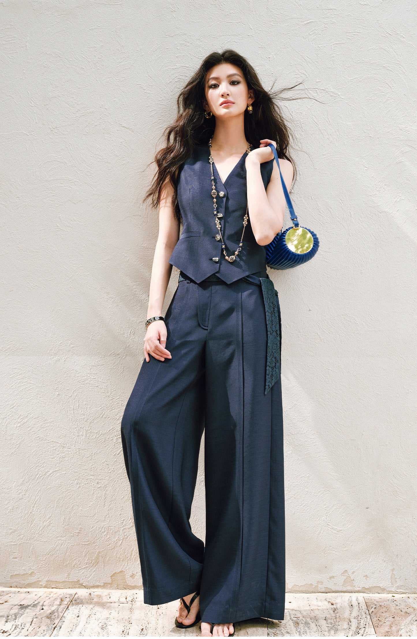 WANGXO |V-Neck Vest & Belted Straight Pants Intellectual Suit Set -NÉRA