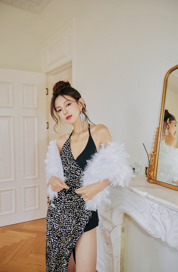 DOLLY Luxury Black Sleeveless Sequin Halter Neck Irregular Hem Sexy Cocktail Dress-ANASTASIA