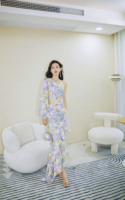 DOLLY Elegant Slant Collar Long Puff Sleeve Hollow Irregular Ruffled Hem Dress-KIERA