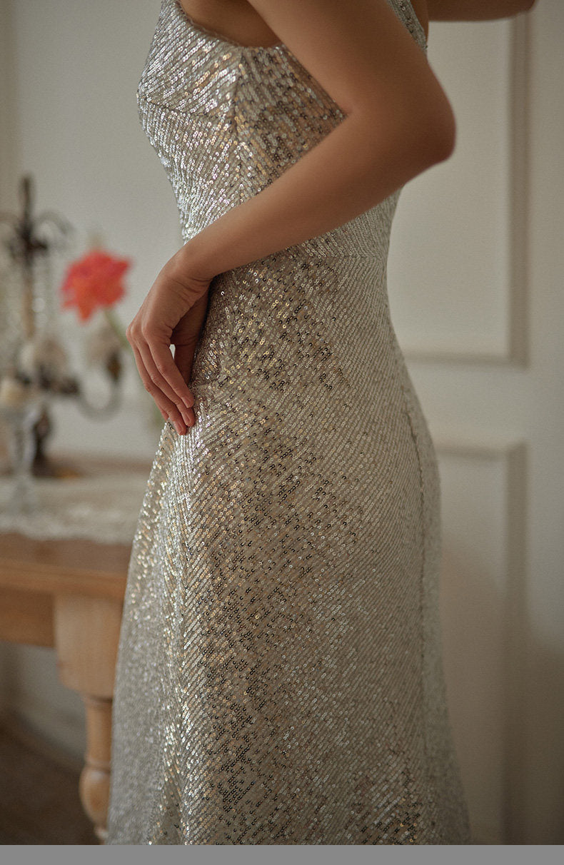 GOUDIN silver sequin party evening dresses-INES.