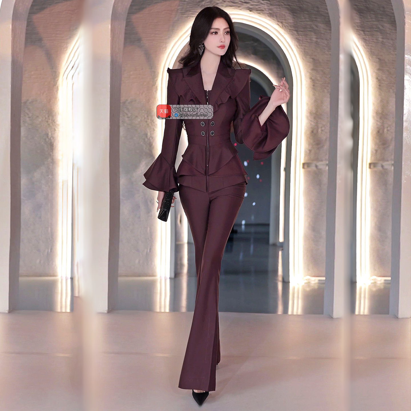 VJE  slim ruffled flared pants two-piece suit set - KINK.