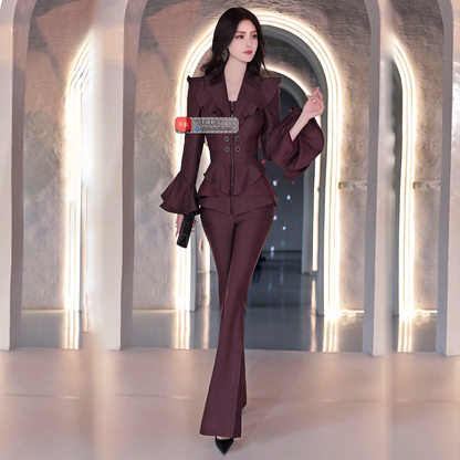 VJE  slim ruffled flared pants two-piece suit set - KINK.