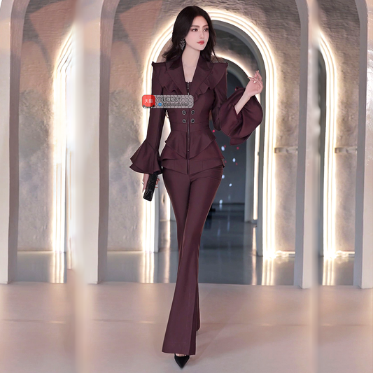 VJE  slim ruffled flared pants two-piece suit set - KINK.