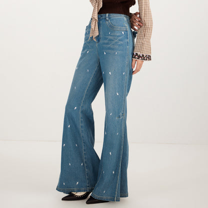 FAME Contrasting Beaded Flower Embroidered Denim Flared Pants - BILLIE.