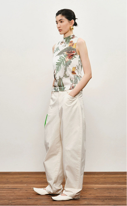 ZHUCHONGYUN  White Cotton Slacks Pockets Cocoon Pants-MIUNA.