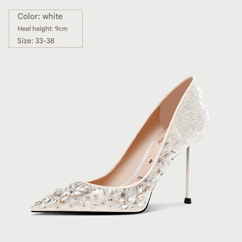 PJJUU pointed toe high heeled rhinestone shoes - GLAP.