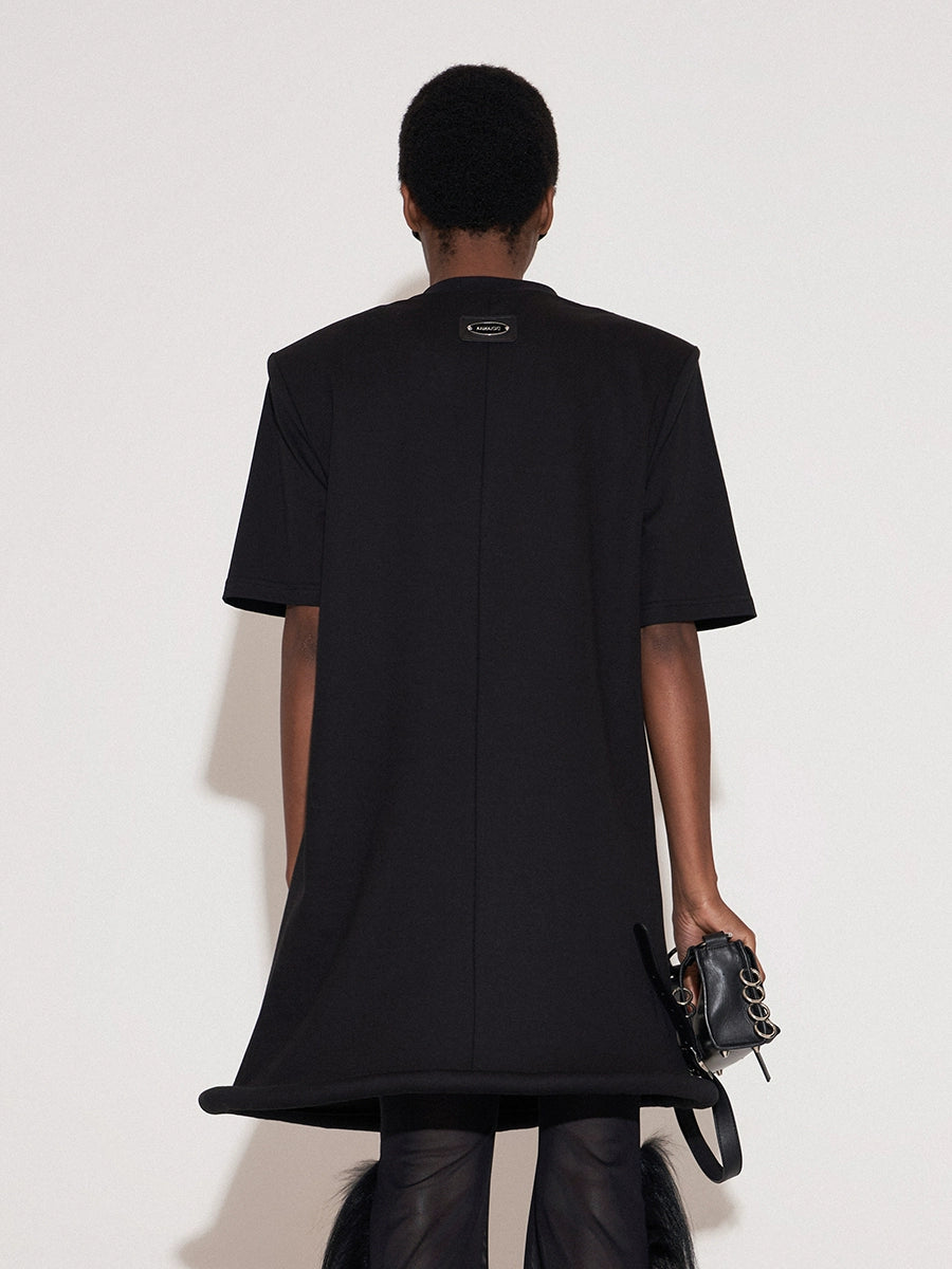 ANNAKIKI Black Saucer Hem Shoulder Padded Loose Dress-SHIRA