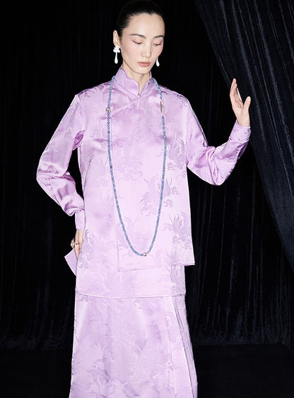 M essential Mackay designer label hibiscus jacquard side collar shirt set - THEO.