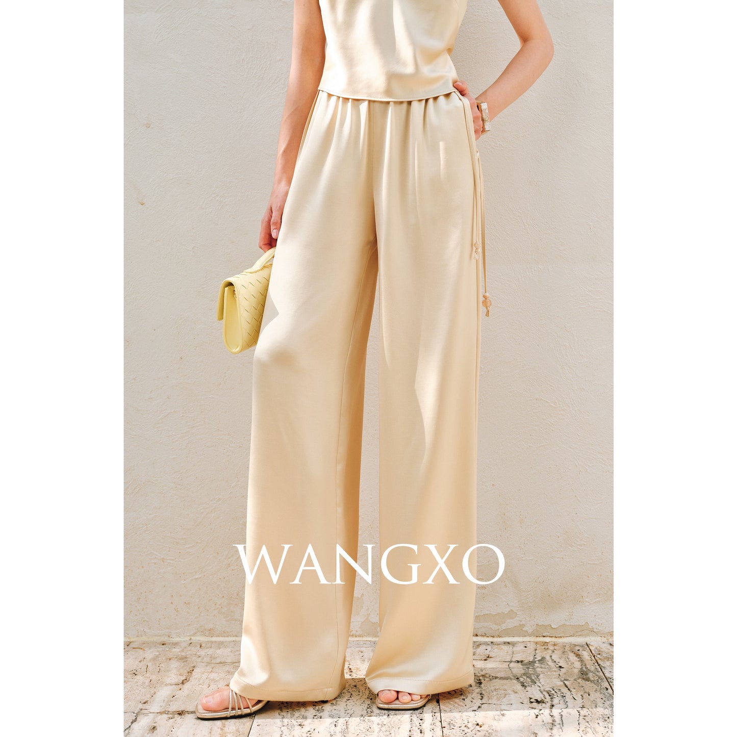WANGXO | Hemp-Textured Acetate Satin  ight Luxury Lace Suspender, Shirt & Trousers Three-Piece Set- SARI