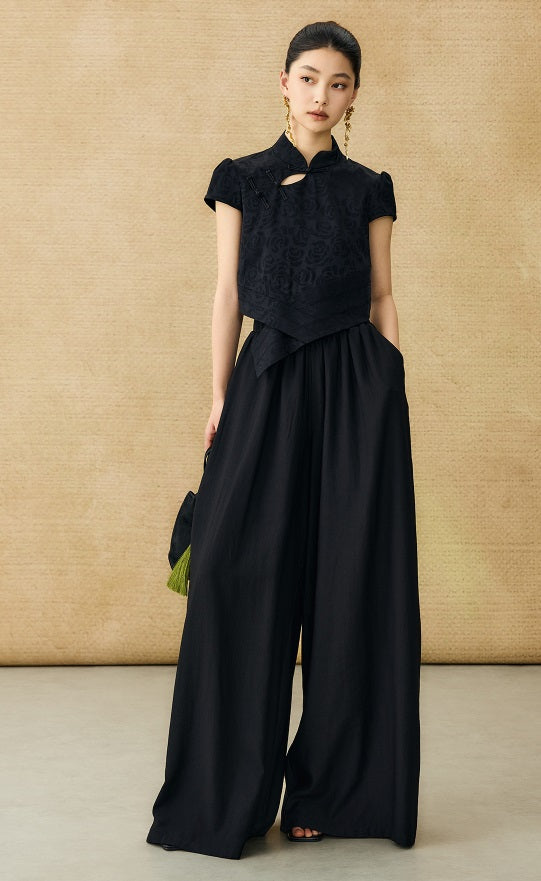 HECO Chinese acetate stand-up collar hollow buckle T-shirt - QUES.