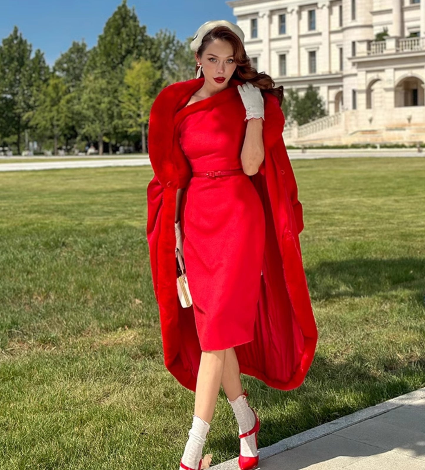 Le Palais Vintage Red Trim Tweed Off-the-Shoulder Dress-DANA