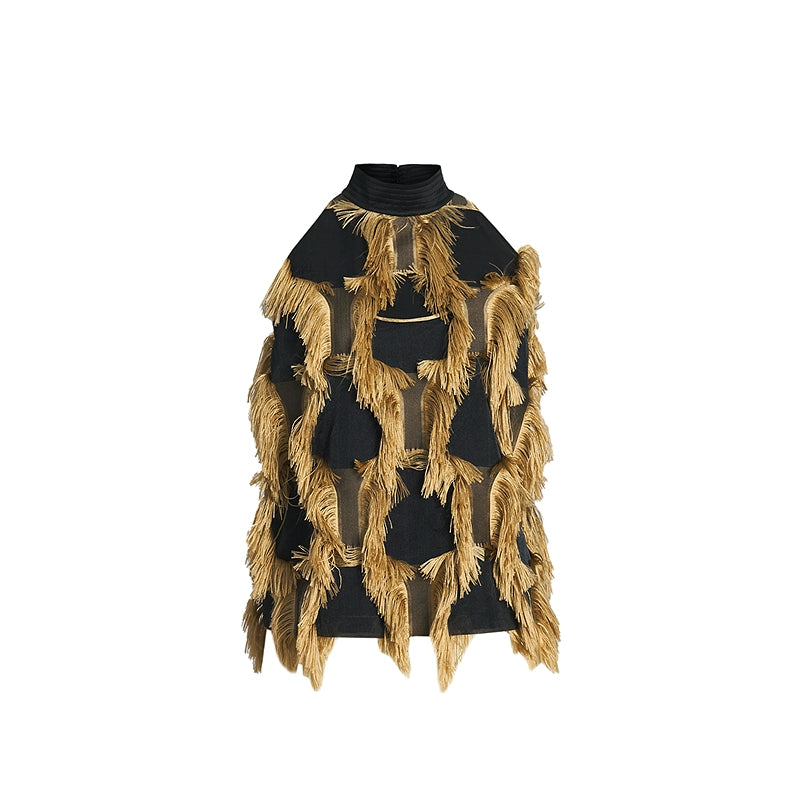 ZHUCHONGYUN draped tassel jacquard sleeveless halter neck suspender top-MAOTOME.