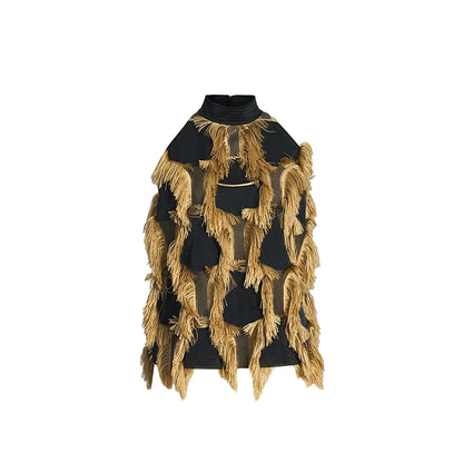 ZHUCHONGYUN draped tassel jacquard sleeveless halter neck suspender top-MAOTOME.