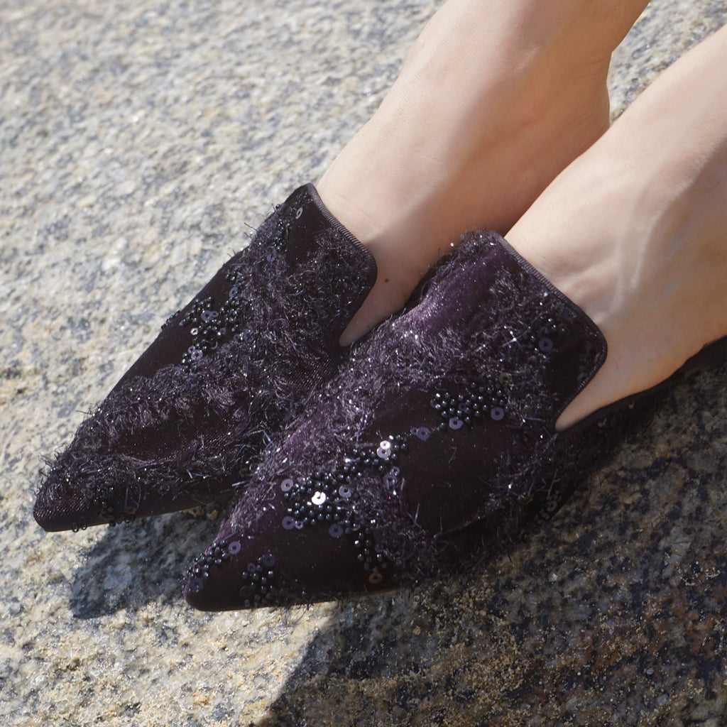 B-FEI black women's lazy pointed embroidered flat mules-MARIT.