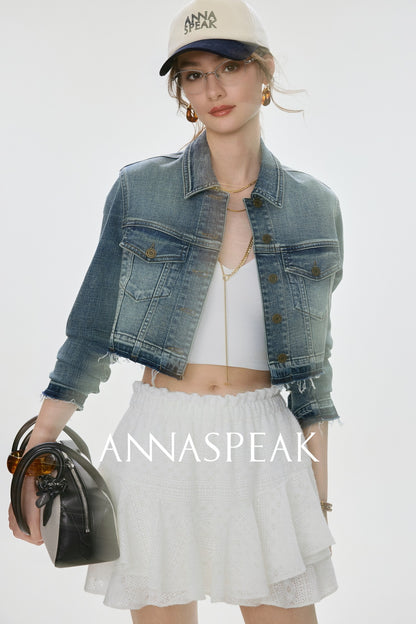 ANNASPEAK Denim  Wash Short Small Long  Denim Jacket-AYO.