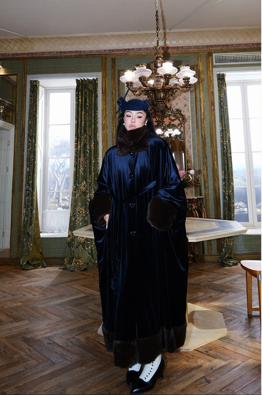 MEI SANGUAN Navy Velvet-Trim 100% Wool Padded Coat- HENRY