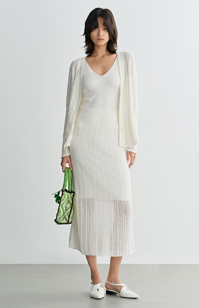 COMME MOI  Women's White Cutout Raw Edge Knitted Cardigan - MAYA.