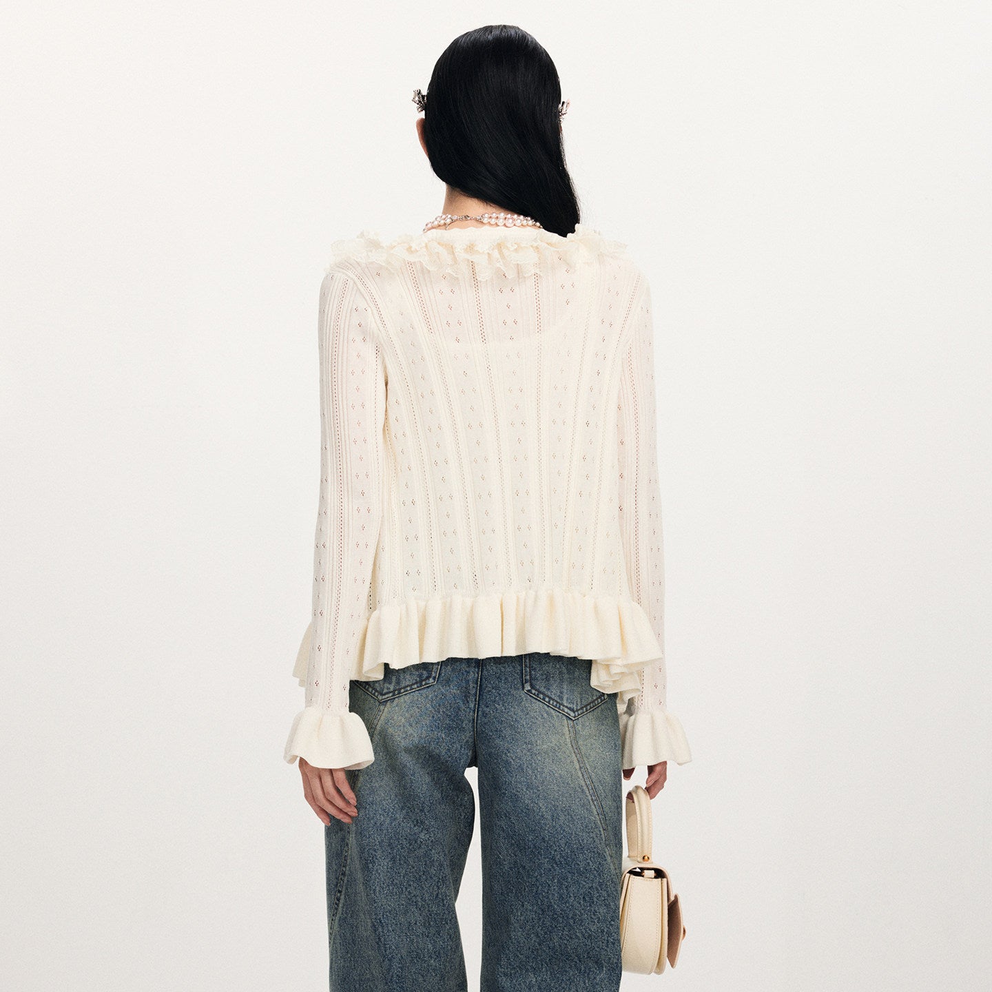 FAME Three-Dimensional Floral Ruffle Trim Lace Long Sleeve Knitted Sweater