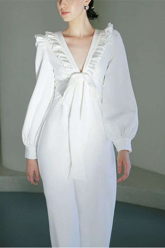 GOUDIN Small white long sleeves party evening dresses-MIA.