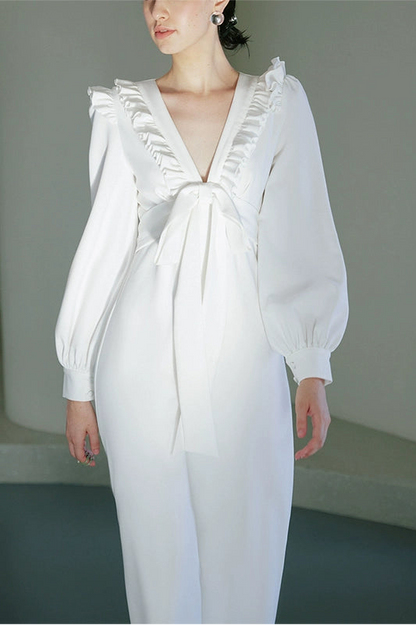 GOUDIN Small white long sleeves party evening dresses-MIA.
