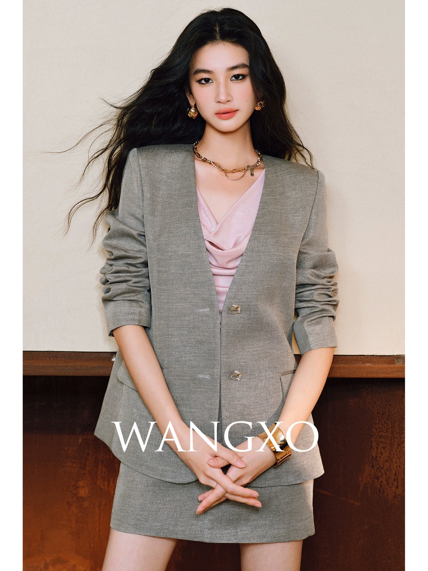 WANGXO Linen Luster Set Light-Luxury Collarless Suit & Micro A-Skirt Old Money Style- LYRAH