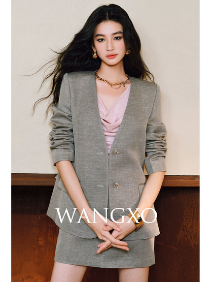 WANGXO Linen Luster Set Light-Luxury Collarless Suit & Micro A-Skirt Old Money Style- LYRAH