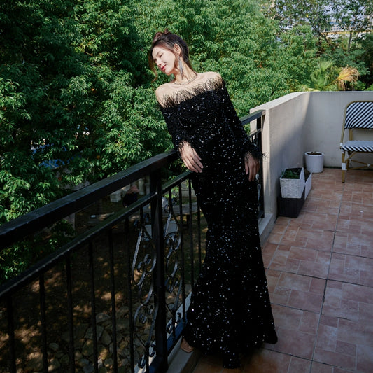 DOLLY Luxury Black Off Shoulder Feather Sequin Tube Top Long Evening Dress-LORELEI