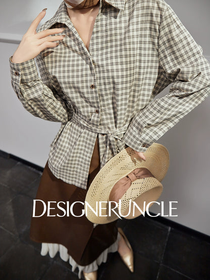 DGU|Coffee knitted sweater new plaid Korean design waist slimming long-sleeved top - STAND.