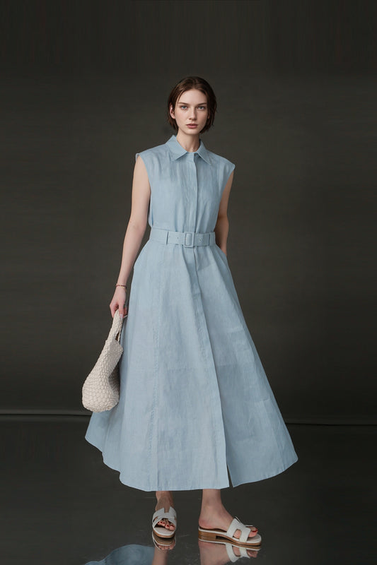 PIAOIN minimalist 100% linen sleeveless belted midi green pastel blue shirt dress -EVELYN.