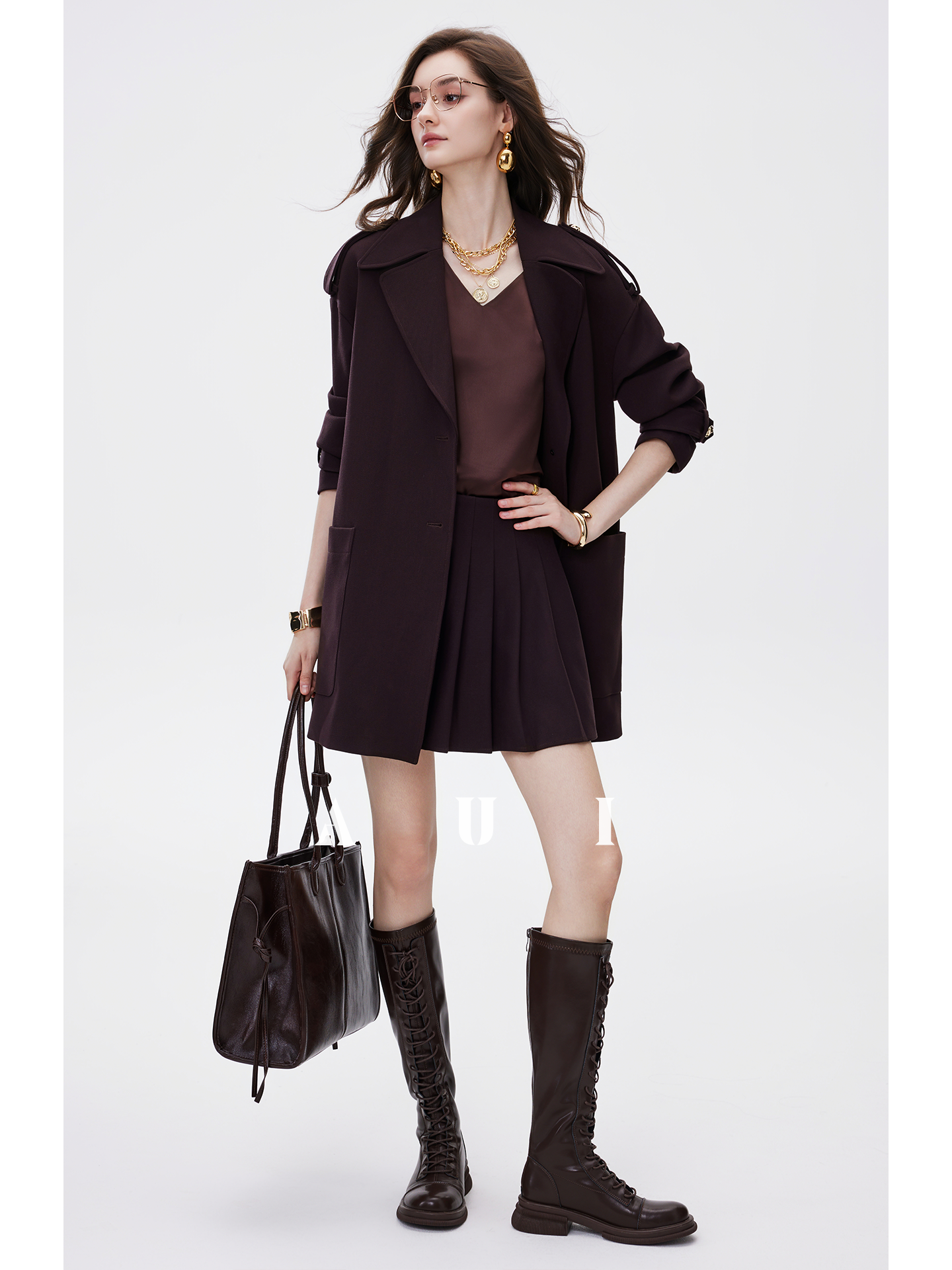 AUI Mocha Mousse Suit Collar Trench Coat Jacket - Hana!