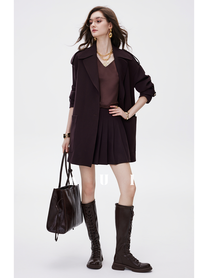 AUI Mocha Mousse Suit Collar Trench Coat Jacket - Hana!