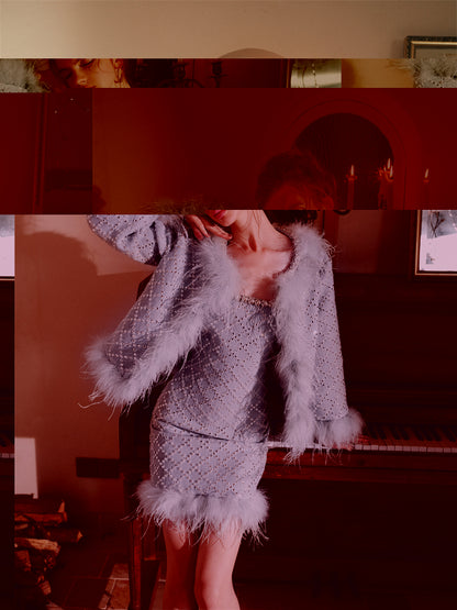 Wardrobes by Chen Luxury Long Sleeve Diamond Feather Jacket/ Strapless Dress-Red