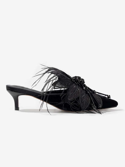 B-FEI Elegant Feather Rhinestone Black Kitten Heel mules-MABS.
