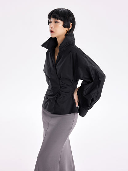 TINY IN stand-up collar casual pinch-pleated curved sleeve cinched waist shirt-KIA