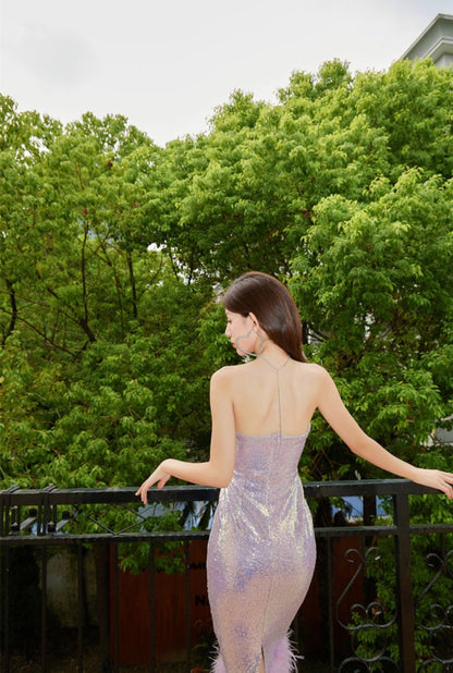 DOLLY Luxury Violet Glittering Sleeveless Chest Wrap Midi Feather Party Dress-FILIPPA