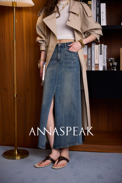 ANNASPEAK Denim long staple cotton slit skirt denim skirt-ISLE.