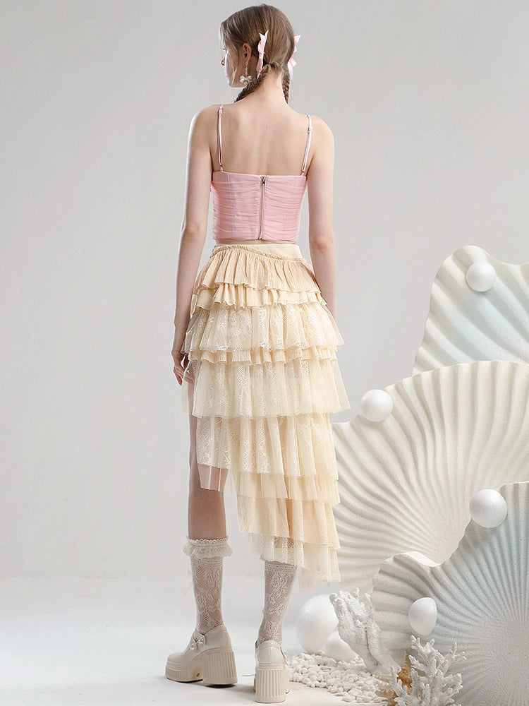 CHECOCRE Stubble Pink Three-dimensional Flower Mesh Camisole Irregular Skirt - JEREMY.