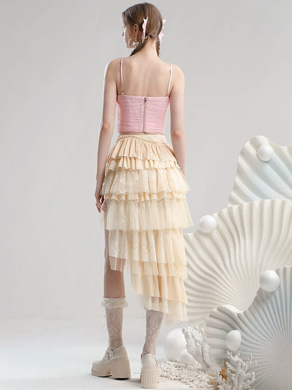 CHECOCRE Stubble Pink Three-dimensional Flower Mesh Camisole Irregular Skirt - JEREMY.