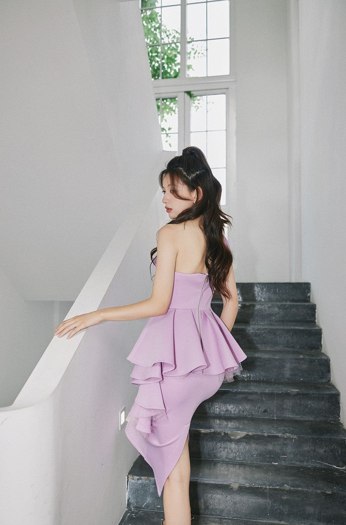 DOLLY High End Ruffled Fake Two Piece French Lace Off Shoulder Midi Office Dress-BRYONY